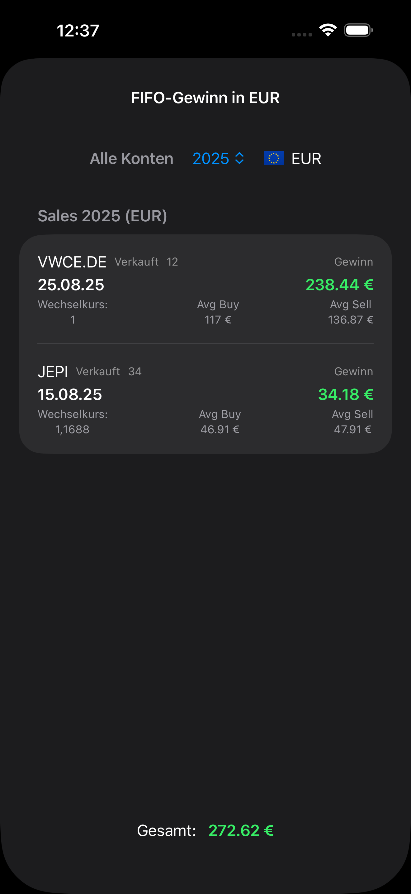 FIFO-Gewinn in EUR mit Wechselkurs in Where's Money