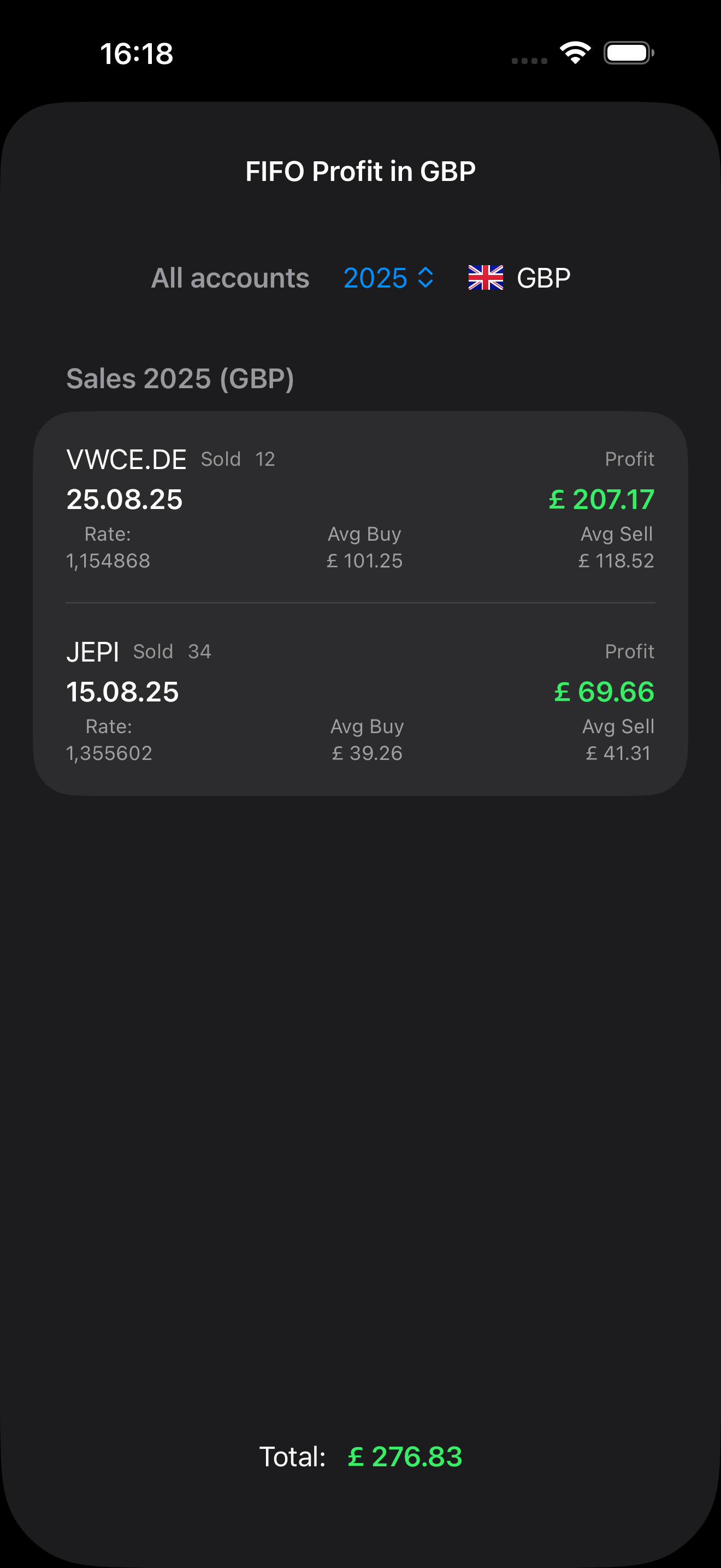 Investment sale result with FIFO and currency conversion in Where's Money