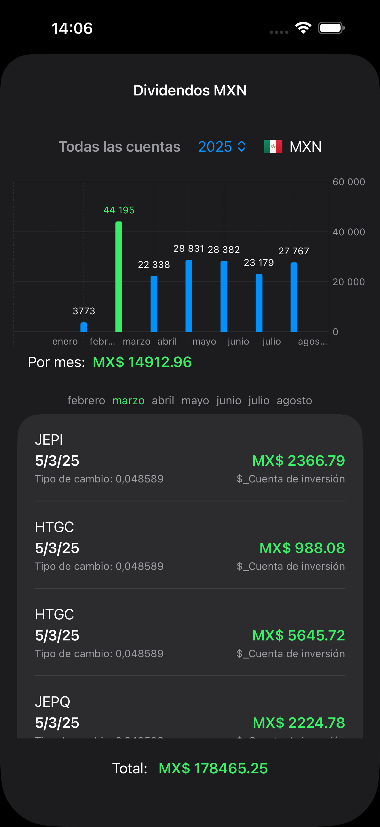 Registro de dividendos y conversión de moneda en Where's Money