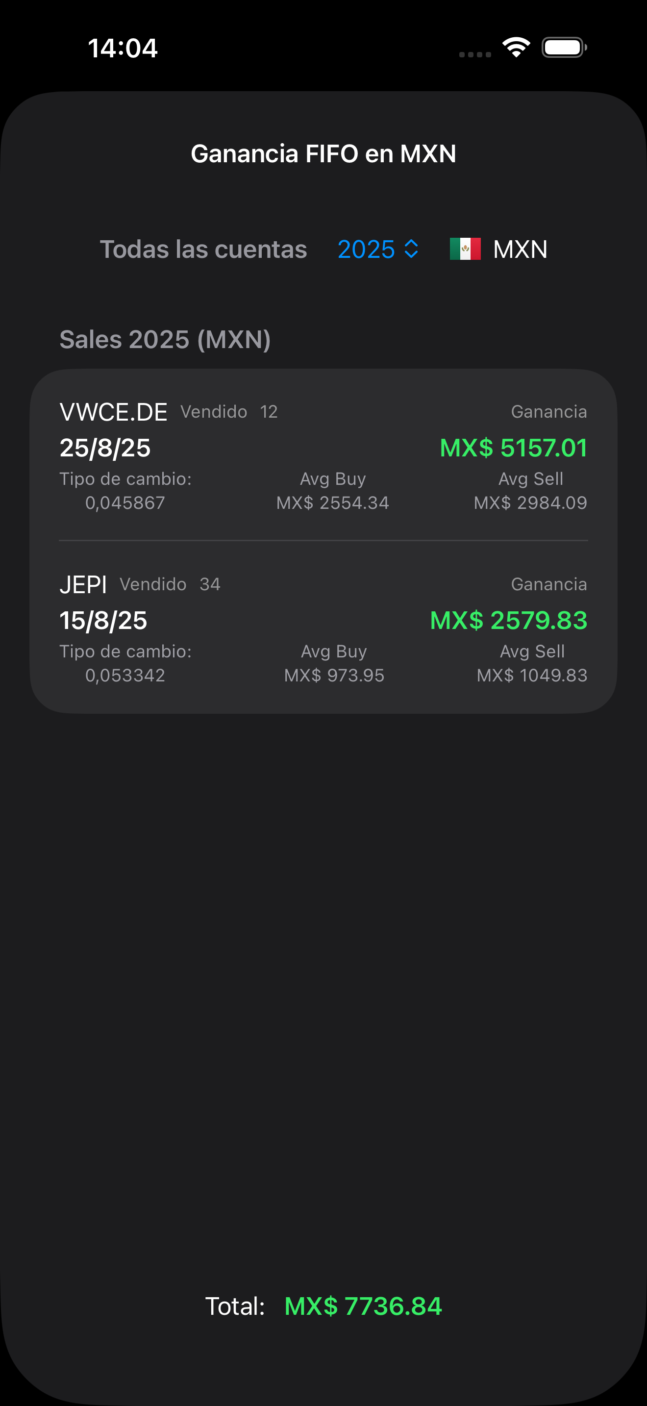 Ganancia de una venta de acciones y cálculo FIFO en Where's Money