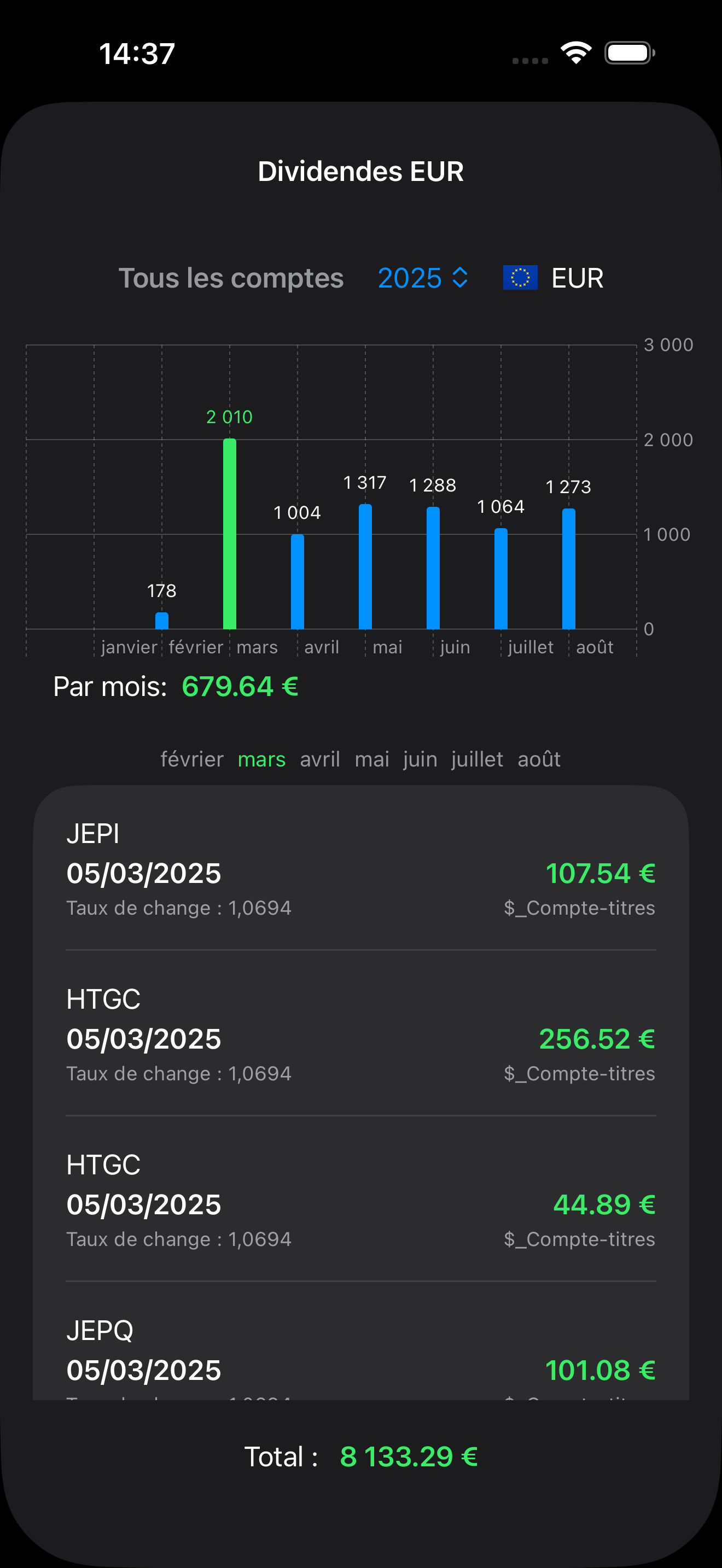 Suivi des dividendes et conversion de devises dans Where's Money