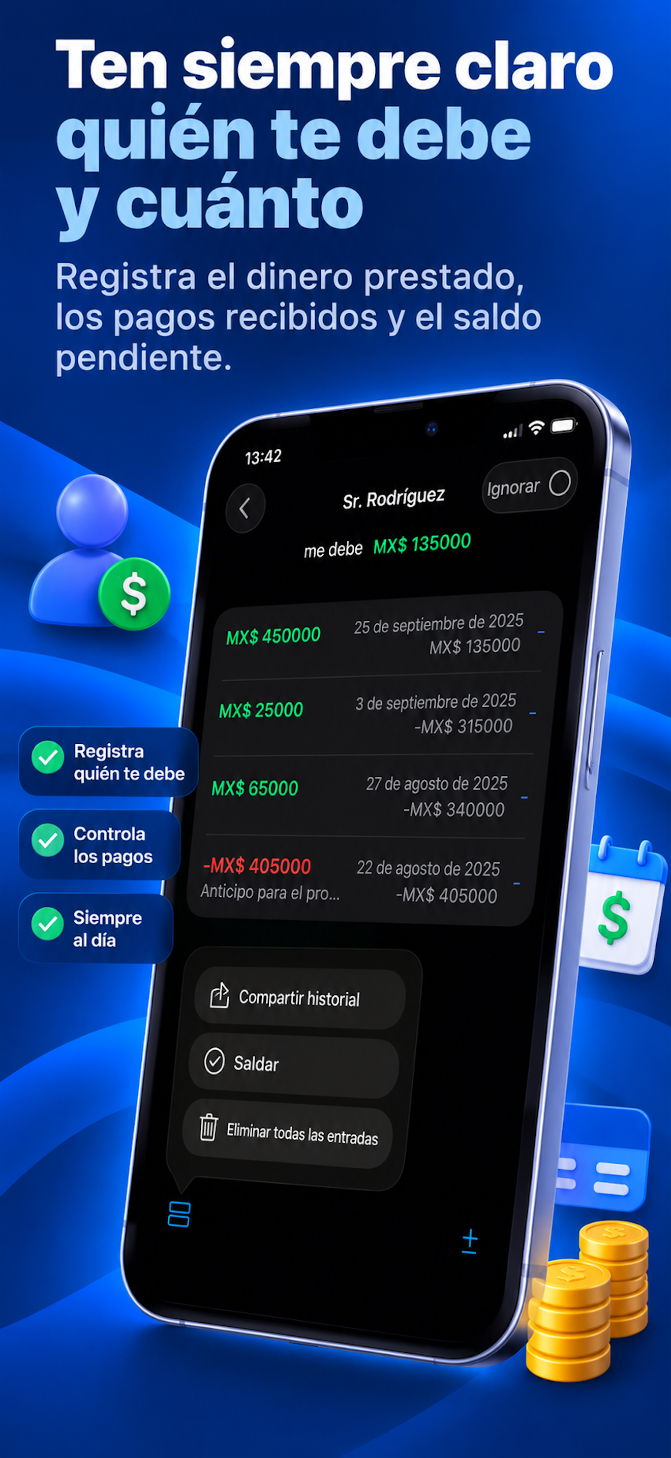 Dinero por cobrar y deudas en Where's Money