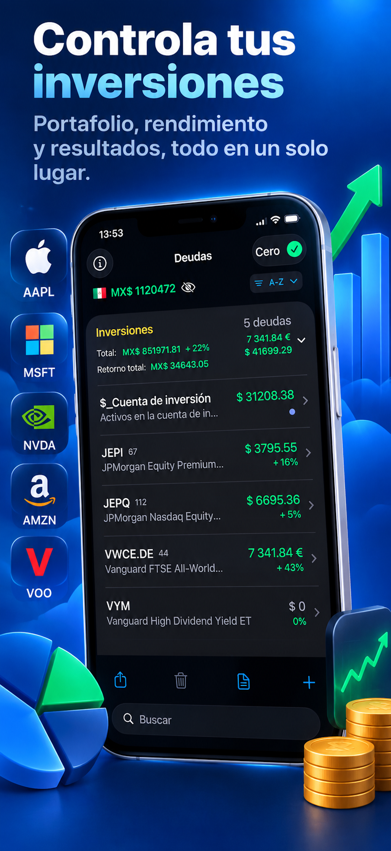 Inversiones y valores de mercado en Where's Money