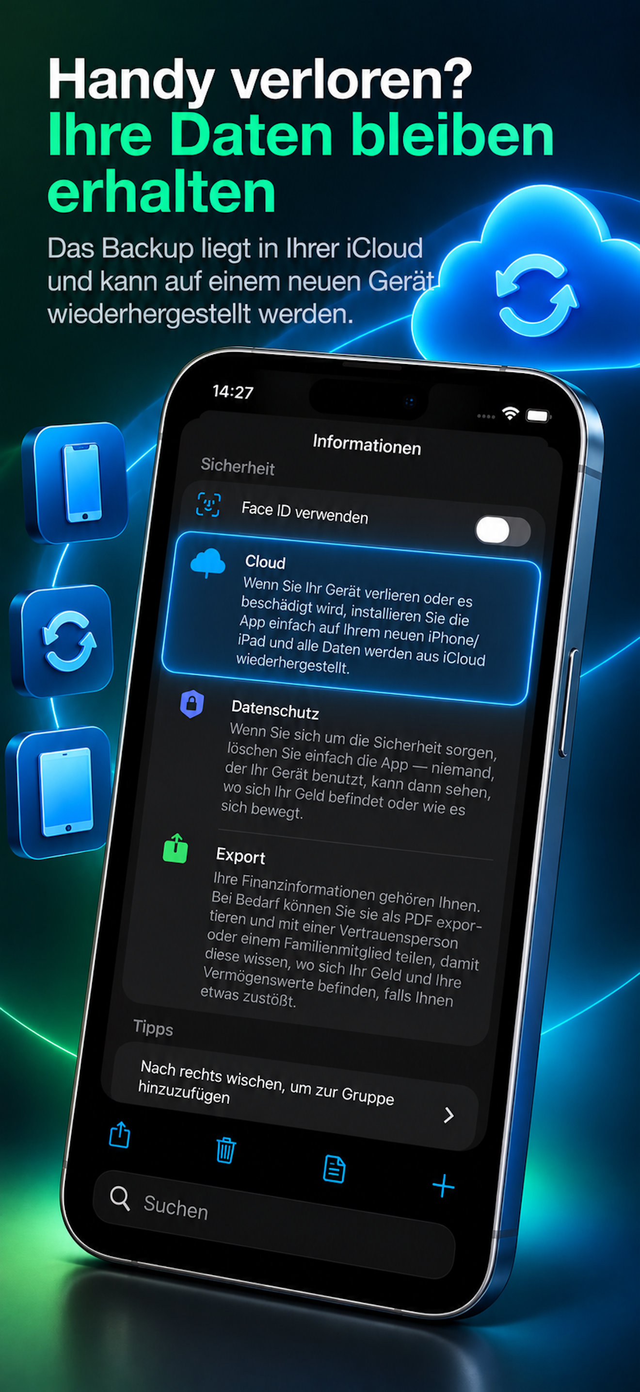 Datenschutz und iCloud in Where's Money