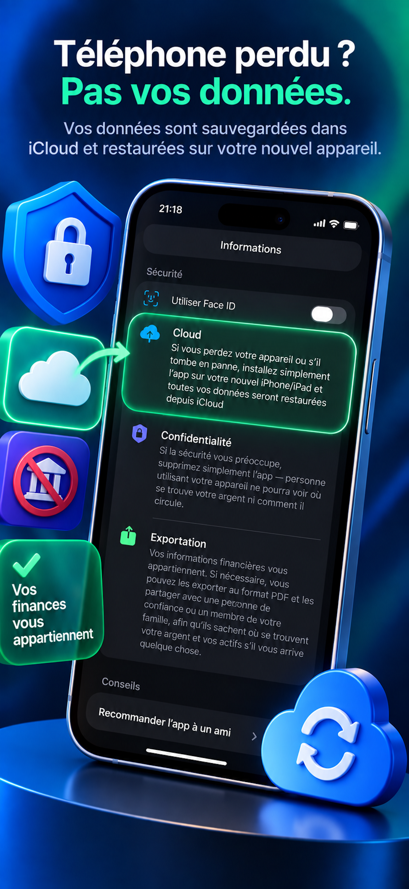 Confidentialité et iCloud dans Where's Money